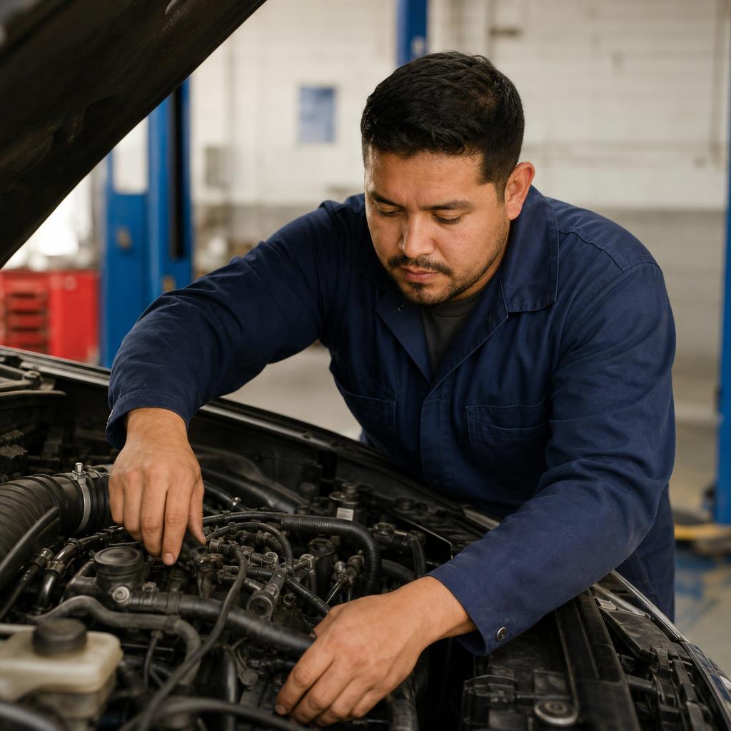 Mecánico revisando el motor de un automóvil en un taller latinoamericano